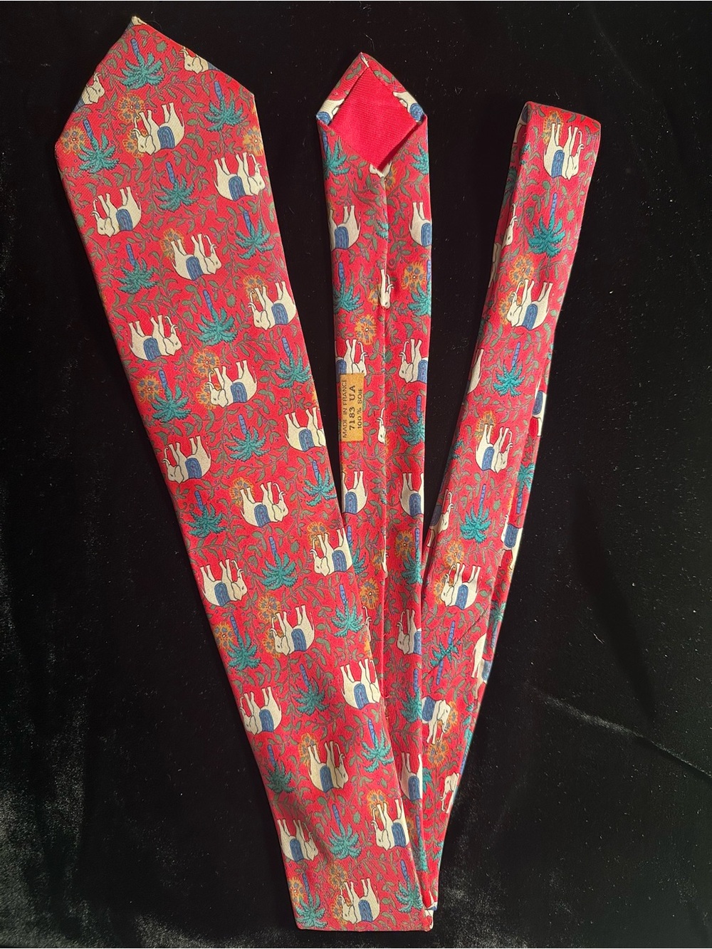 Hermes Red Silk Tie with Camel & Palm Motif